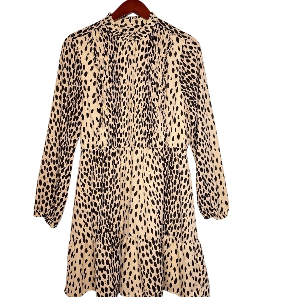 J. CREW Mercantile Pleated Front Tiered Dress Size 8 in Cheetah Dot Print